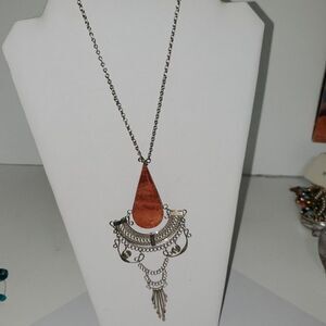 A Red Jasper Stone Necklace Eastern Indian Inspired Silver Tone Detail Vintage